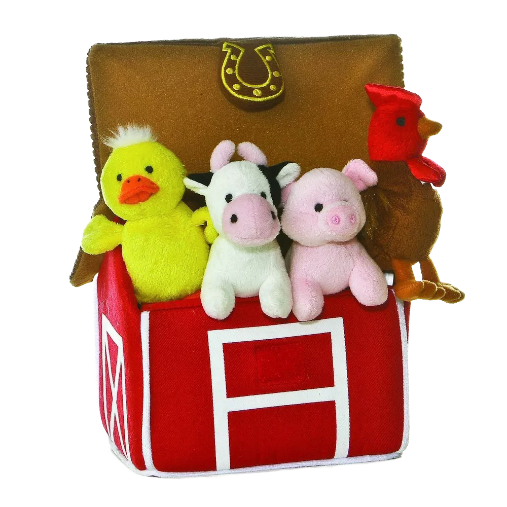 Soft plush duck, cow, pig, and rooster toys sitting inside a bright red fabric barn with a horseshoe detail, designed for indoor play and children's toy collections.
