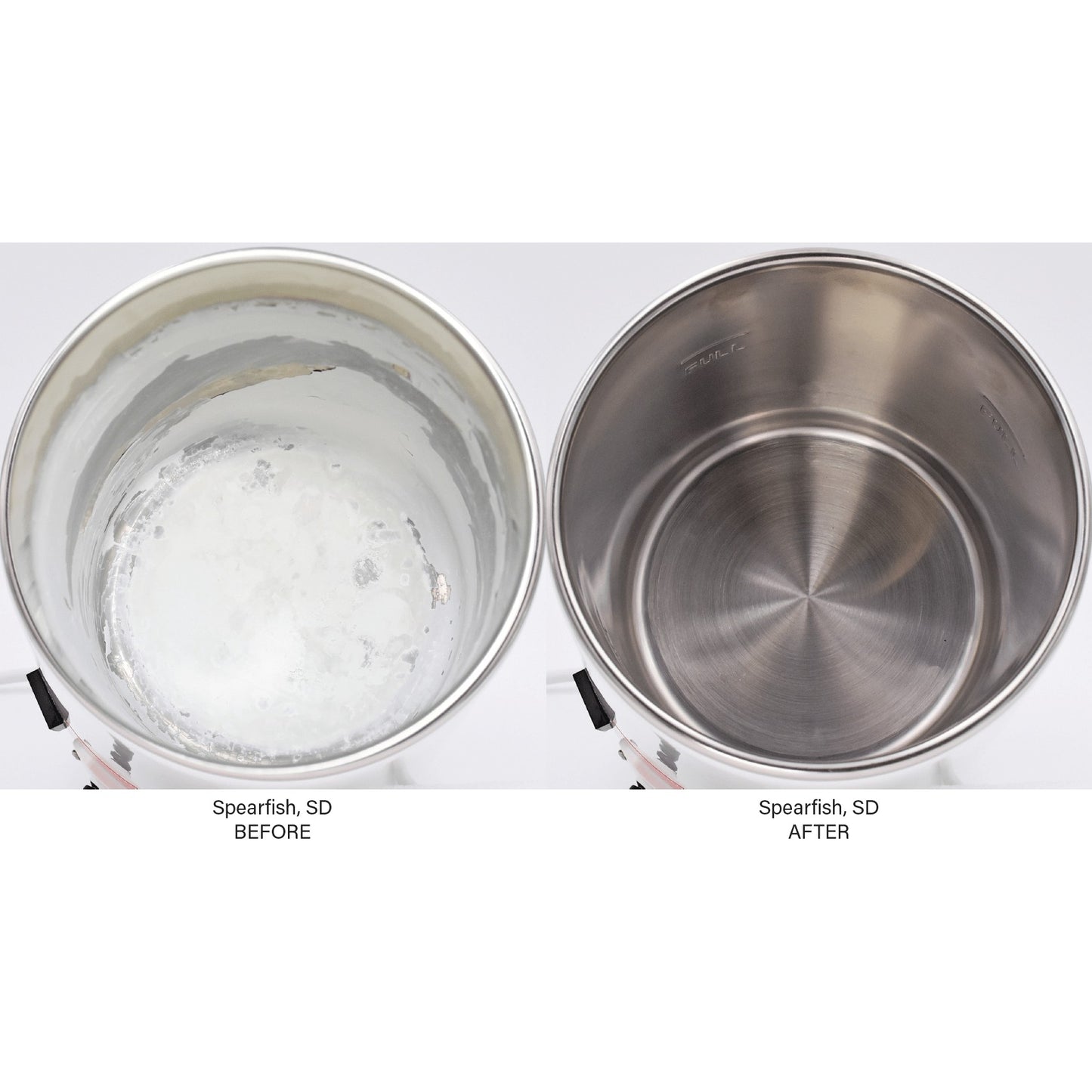 Side-by-side view of a stainless steel water distiller tank before and after cleaning, showing mineral scale removal and restoration, featured in Appliances and USA Made collections.