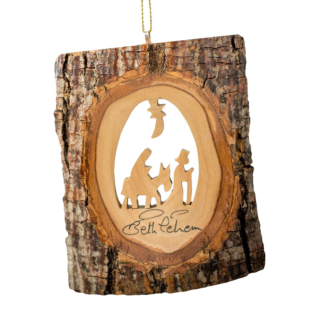 Handcrafted olive wood ornament featuring natural bark and a carved Flight to Egypt silhouette, made in Bethlehem and perfect for Home & Decor, Holiday Decor, and Best Sellers collections.