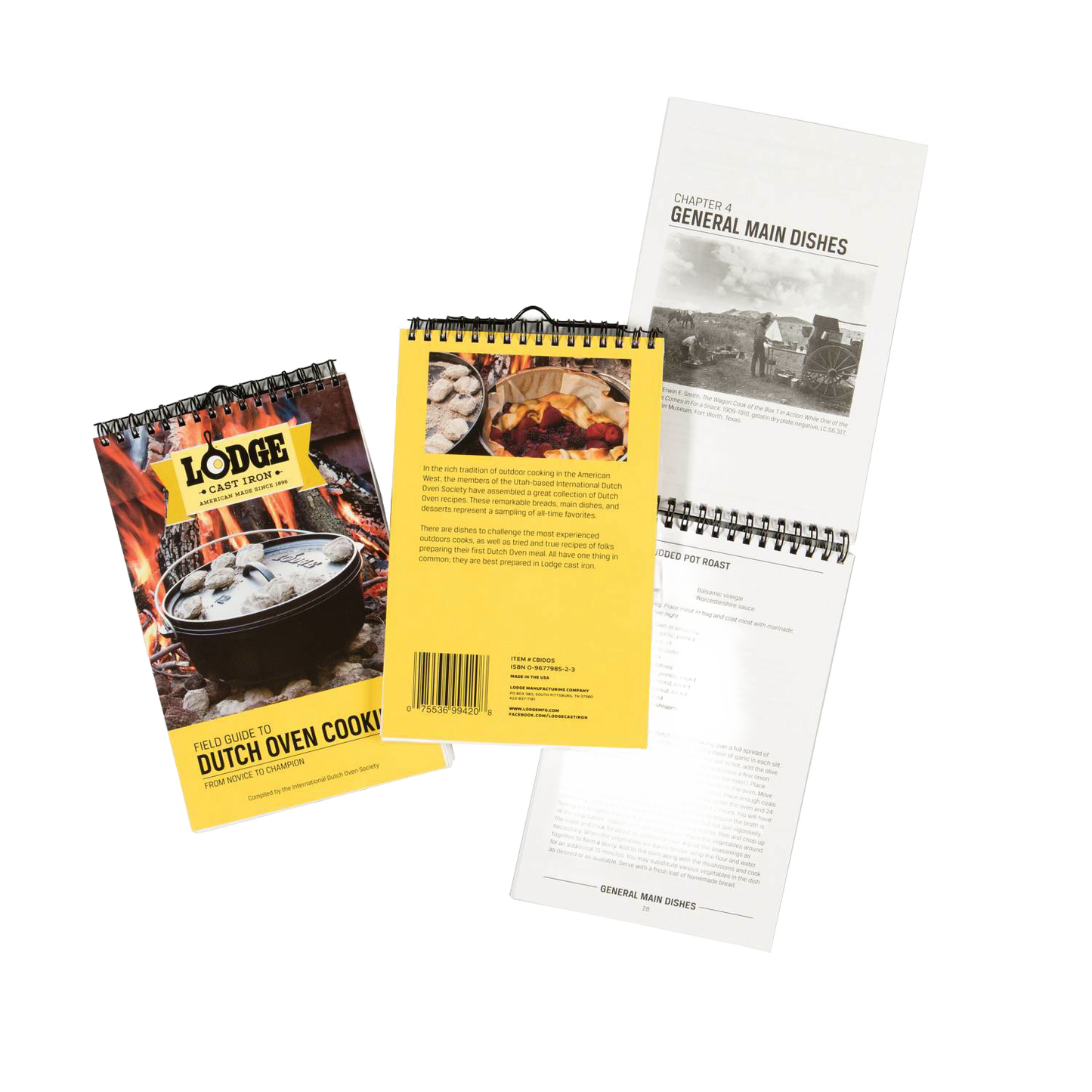 Spiral-bound cookbook featuring outdoor Dutch oven recipes and tips, with colorful cover and black-and-white recipe pages, part of Camping, Books, and USA Made collections.