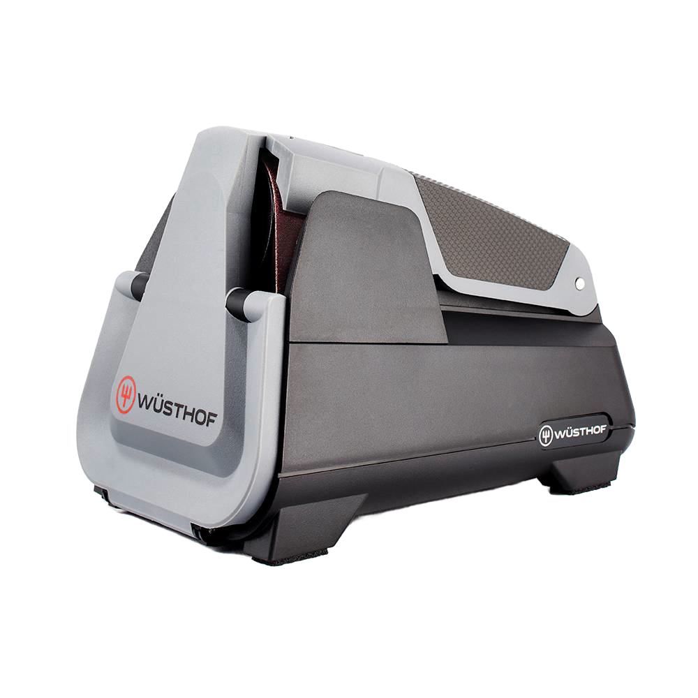 Compact electric sharpener with coarse belt in place and additional belts stored inside, designed for precision knife sharpening, ideal for Farm, Garden & Tool, Kitchen & Food, Knives & Axes, Sharpening, and USA Made collections.