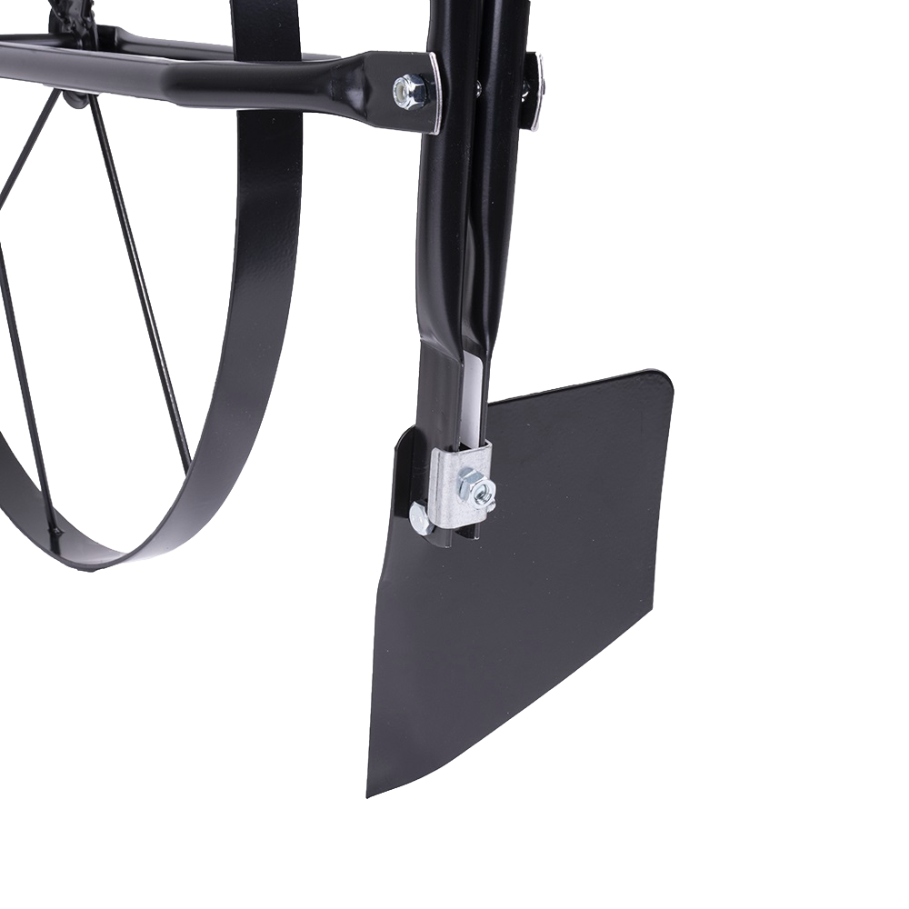 Close-up of a durable black metal plow attachment with a curved wheel and sturdy mounting hardware, featured in Farm, Garden & Tool, Digging and Cultivating, and Best Sellers collections.