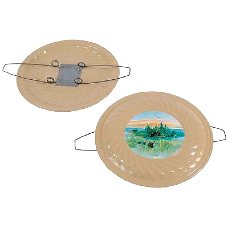 Two beige ceramic firewood holders with metal handles and a circular landscape painting in the center, handcrafted and designed for hearth accessory collections.