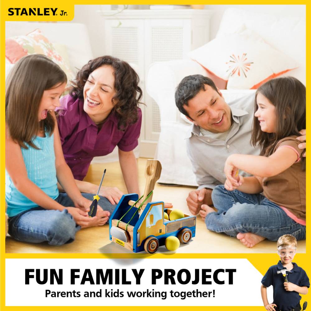 Family playing indoors assembling a handcrafted wooden truck catapult with yellow foam balls, engaging in a creative DIY project from Toys, Books & Games and Arts and Crafts collections.
