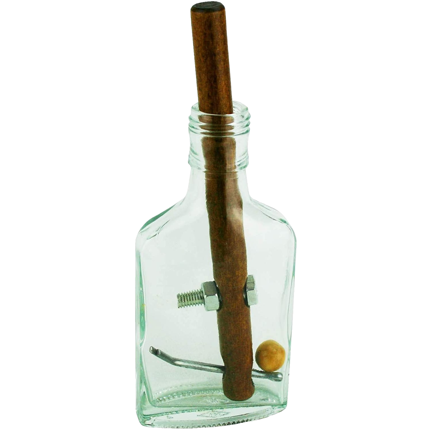 Handcrafted glass bottle puzzle featuring a wooden rod, metal pin, bolt, nut, screw, and wooden ball, designed as a challenging brainteaser in Toys, Games, and Puzzles collections.