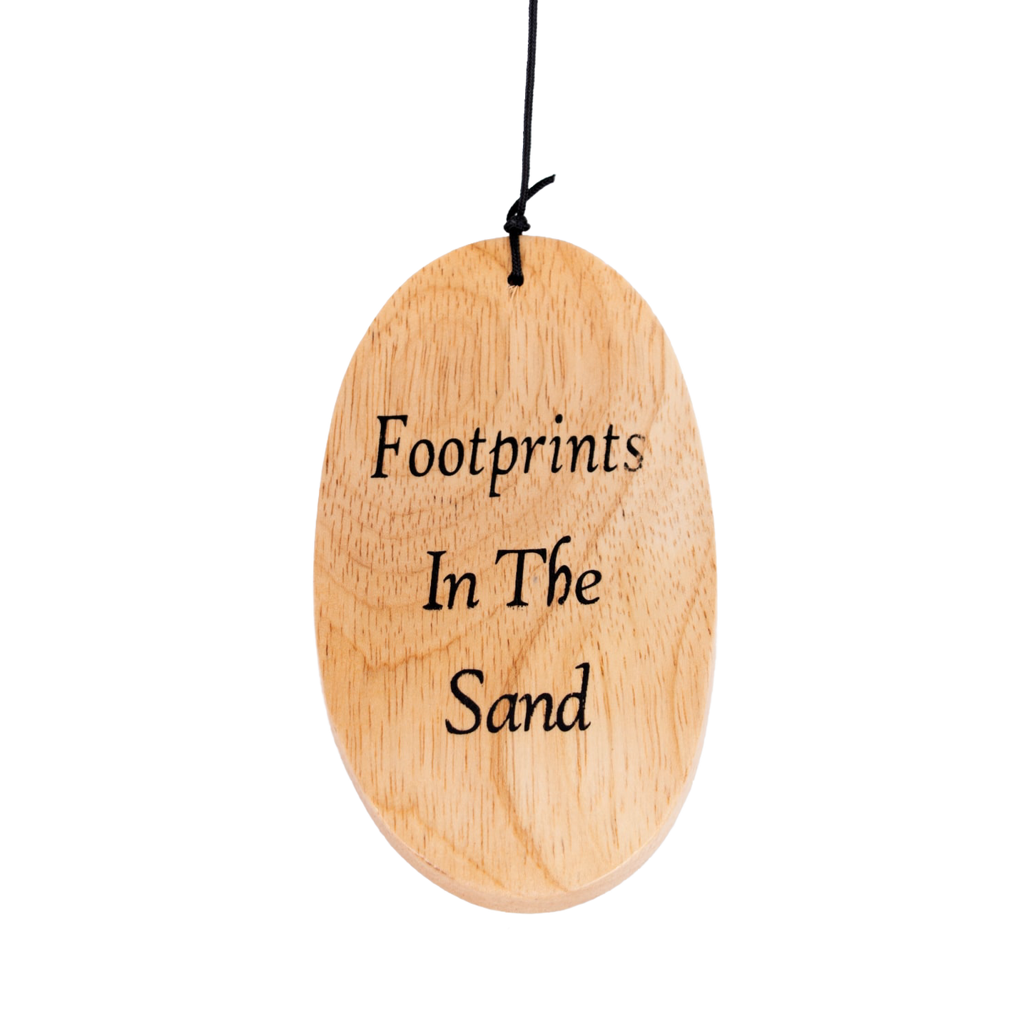 Handcrafted wooden windcatcher with engraved "Footprints In The Sand" text, designed for the Footprints Hand-Tuned Windchime - 40", ideal for Farm, Garden & Tool and Garden Accessories collections.