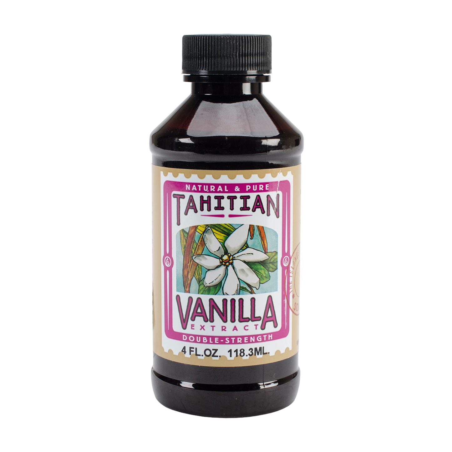 Dark amber bottle of double strength Tahitian vanilla extract with floral label, featuring natural and pure ingredients, fitting Kitchen & Food and Pantry collections.
