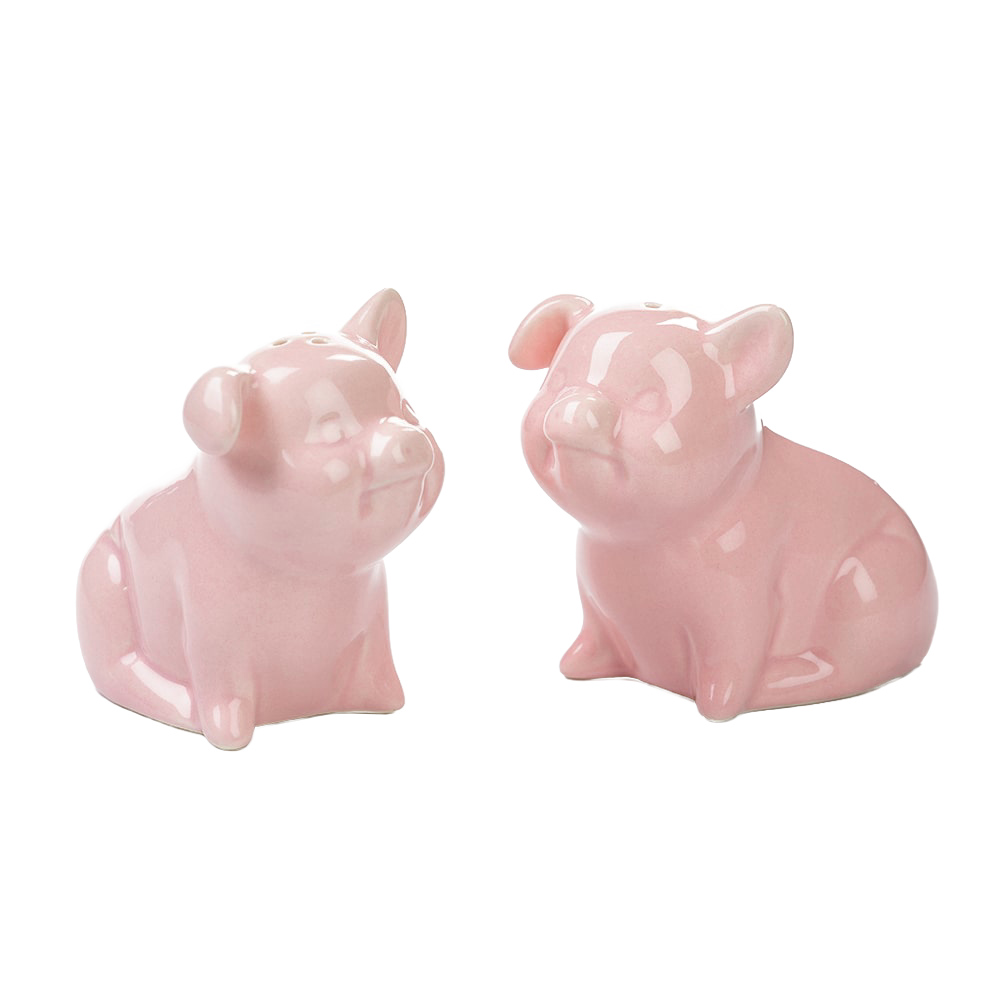 Pair of handcrafted porcelain pig salt and pepper shakers in glossy pink, featuring curly tails, perfect for Kitchen & Food, Dinnerware, and Best Sellers collections.