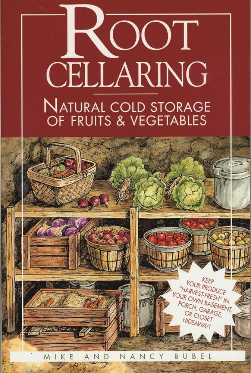 Book cover of a vintage-style illustrated guide on natural cold storage of fruits and vegetables, featuring baskets and crates of produce on wooden shelves, ideal for Home and Garden How-To Books and Best Sellers collections.