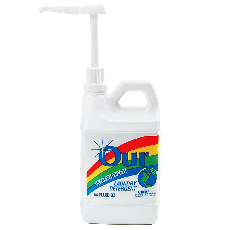 64-ounce white jug of lemon fresh liquid laundry detergent with pump dispenser, biodegradable and phosphate free, featured in Home & Decor, Laundry Supplies, USA Made, Best Sellers, and Promo Eligible collections.