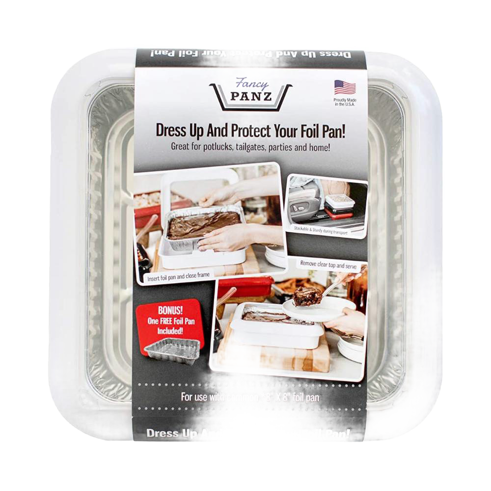 Clear plastic travel cover designed for 8x8 foil pans, offering sturdy protection and easy serving, part of Kitchen & Food, Kitchen Gadgets, USA Made, and Best Sellers collections.