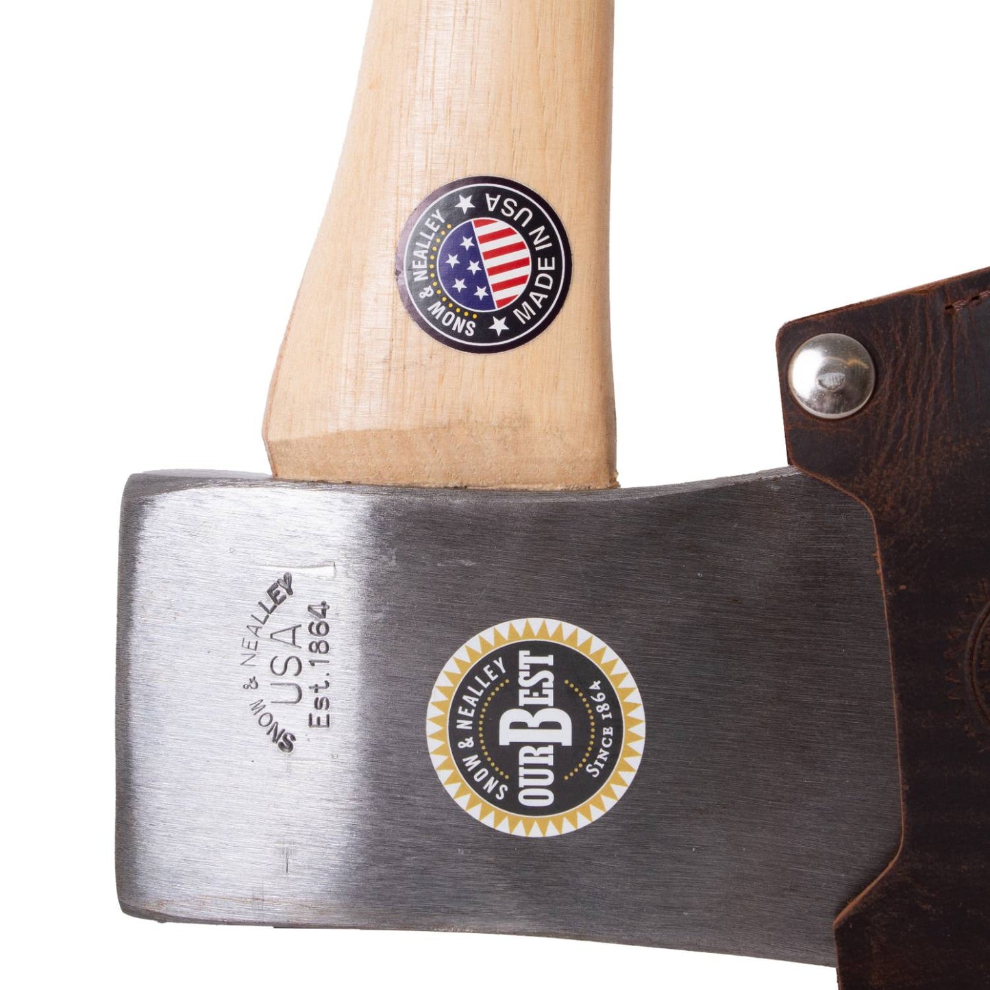 Close-up of a handcrafted Snow & Nealley axe blade forged from high carbon steel with stamped USA branding, featuring a smooth hickory handle and genuine leather blade guard, Amish made for farm and wood cutting tasks.