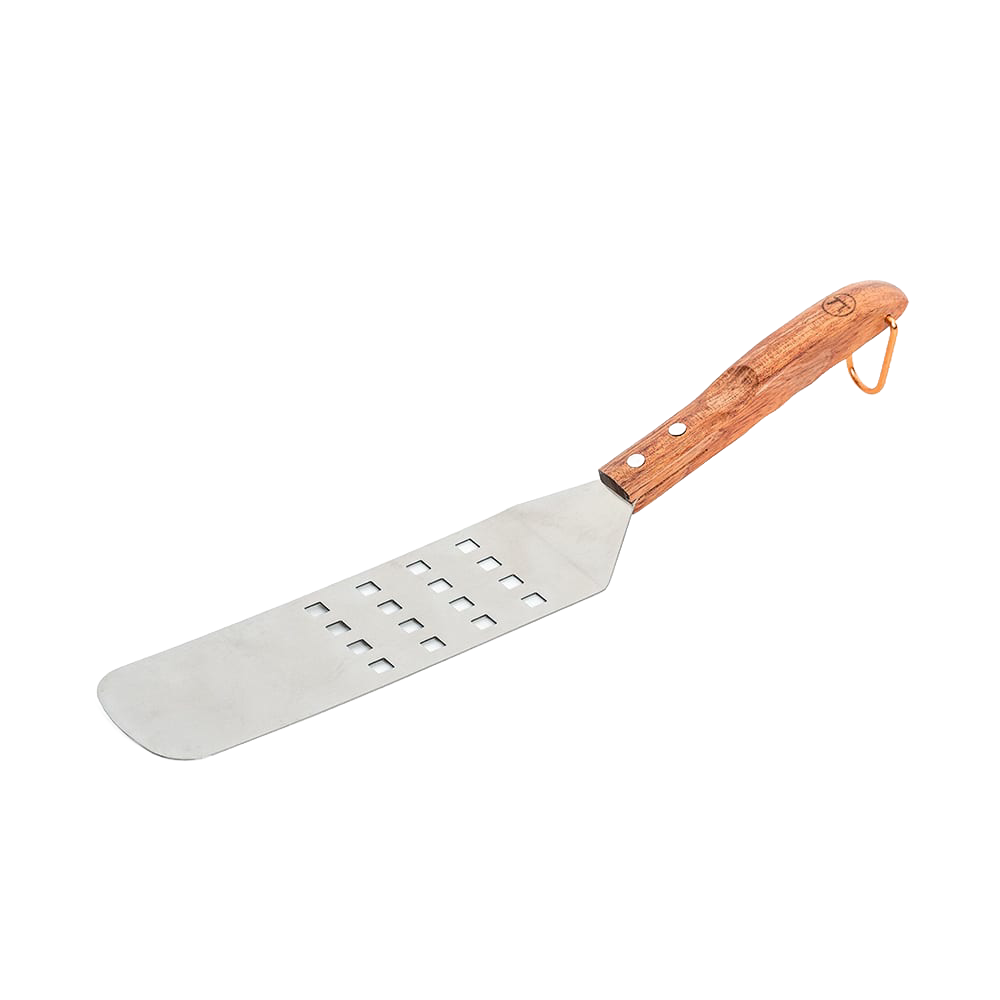 Flexible stainless steel spatula with slotted blade and rosewood handle, designed for effortless flipping and cutting, featured in Kitchen Gadgets, Grilling, and Best Sellers collections.