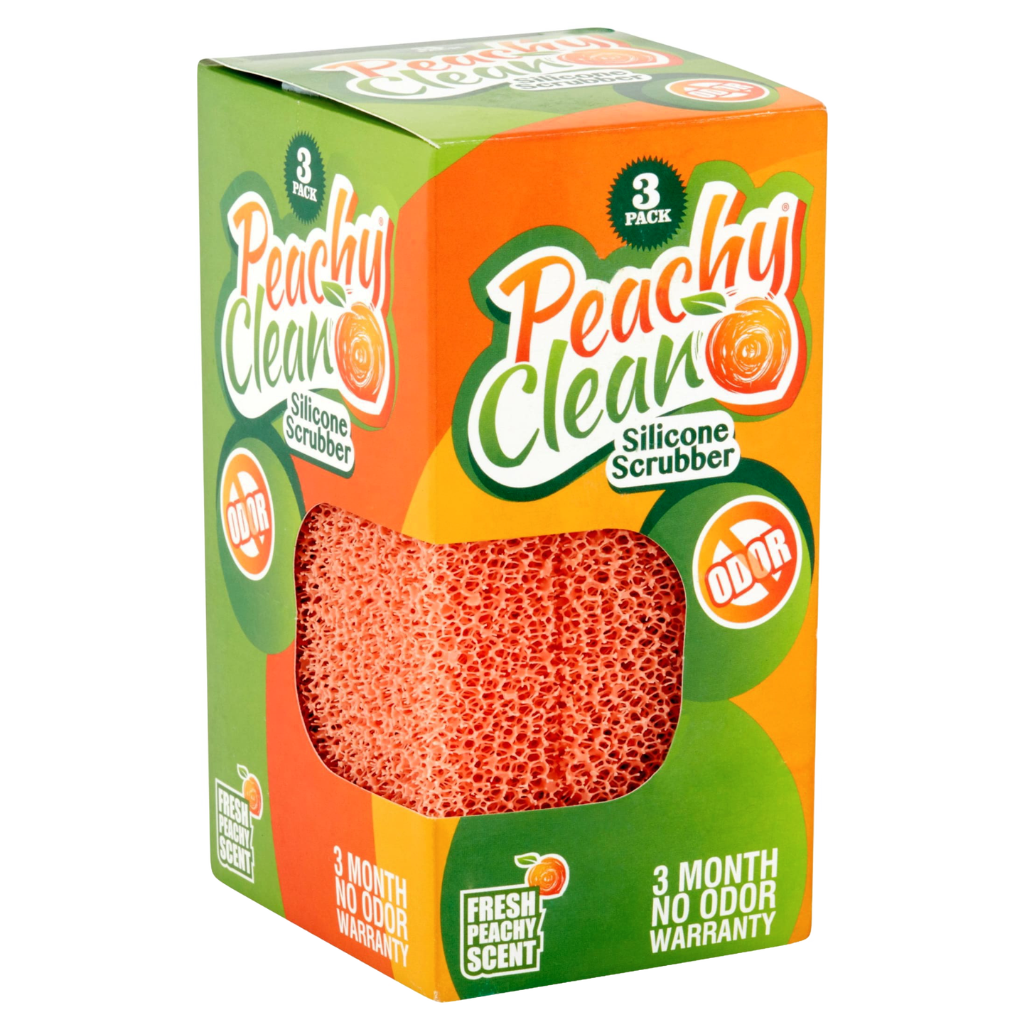 Package of three orange silicone scrubbers designed for odor-resistant dish cleaning with fresh peach scent, featuring a three-month no-odor warranty, ideal for Home & Decor and Household Cleaning collections.