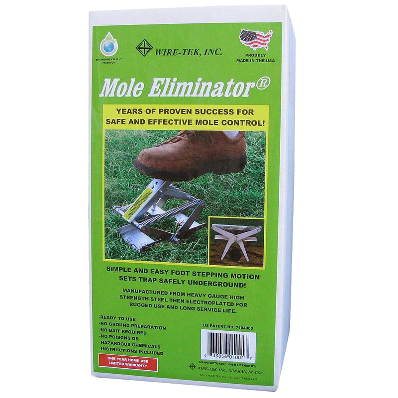 Green and yellow packaging of a spring-loaded metal mole trap with a foot stepping demonstration, made in USA, featured in Farm, Garden & Tool, Garden Accessories, Pest Control, and Best Sellers collections.