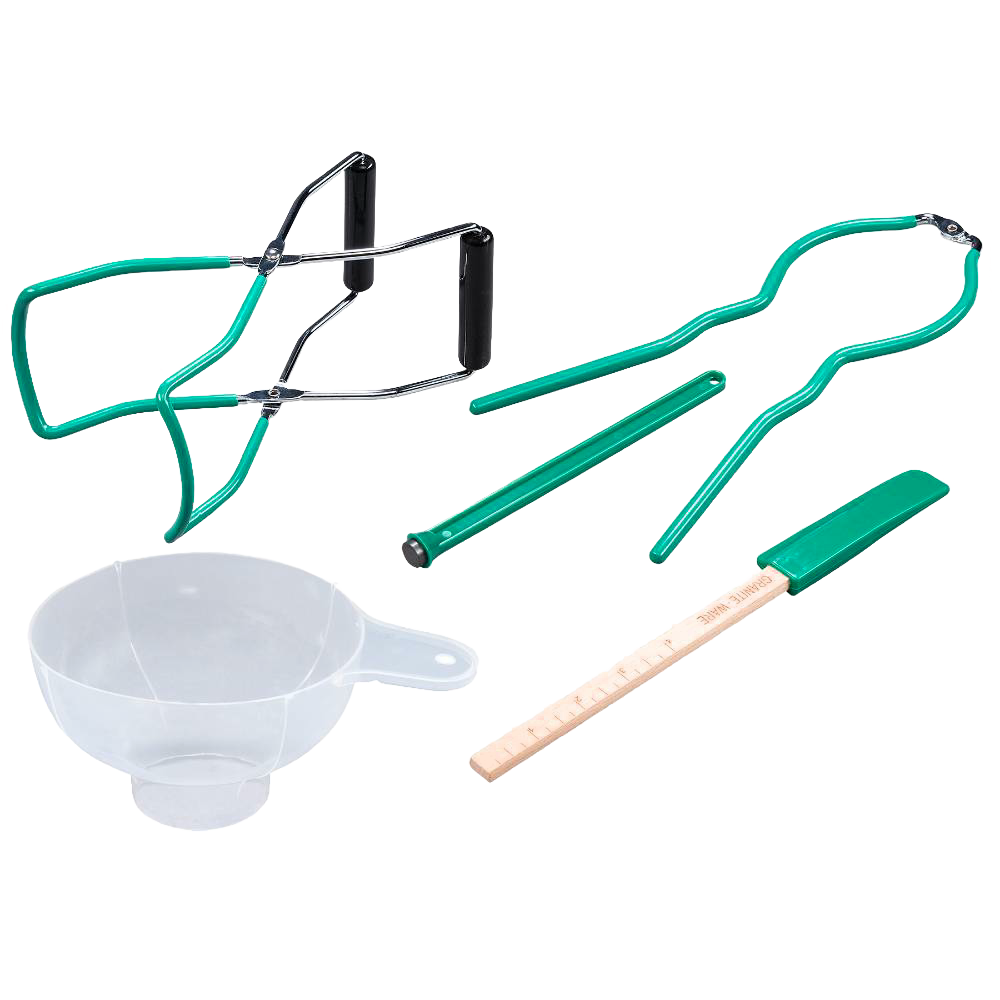 Five-piece canning tool set including a wide-mouth jar funnel, jar lifter, lid lifter and magnetic wand, bubble remover with ruler, made for Kitchen & Food and Canning collections.