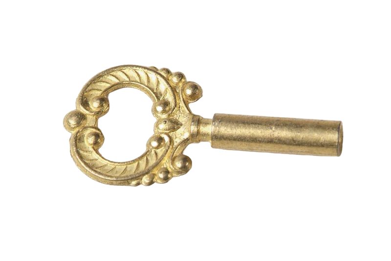 Brass-plated, lacquered key with ornate die-cast design, suitable for electric lamp parts and accessories, featured in Lamps & Lighting and Electric Conversion collections.
