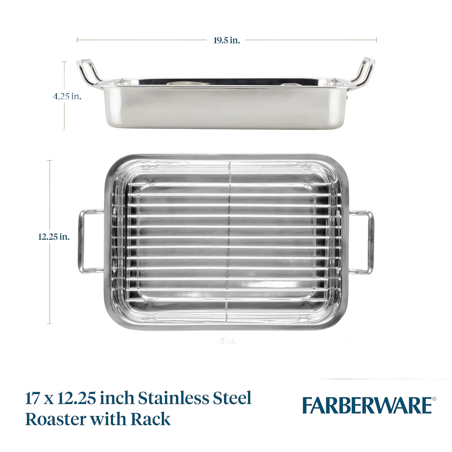 Stainless steel roasting pan with sturdy side handles and removable rack, designed for even cooking, featured in Kitchen & Food, Cookware, Pots and Pans, Best Sellers, and Promo Eligible collections.
