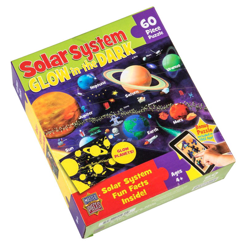 Box of a 60-piece, beginner-friendly glow-in-the-dark solar system puzzle featuring colorful planets and educational facts, part of Toys, Books & Games and Best Sellers collections.