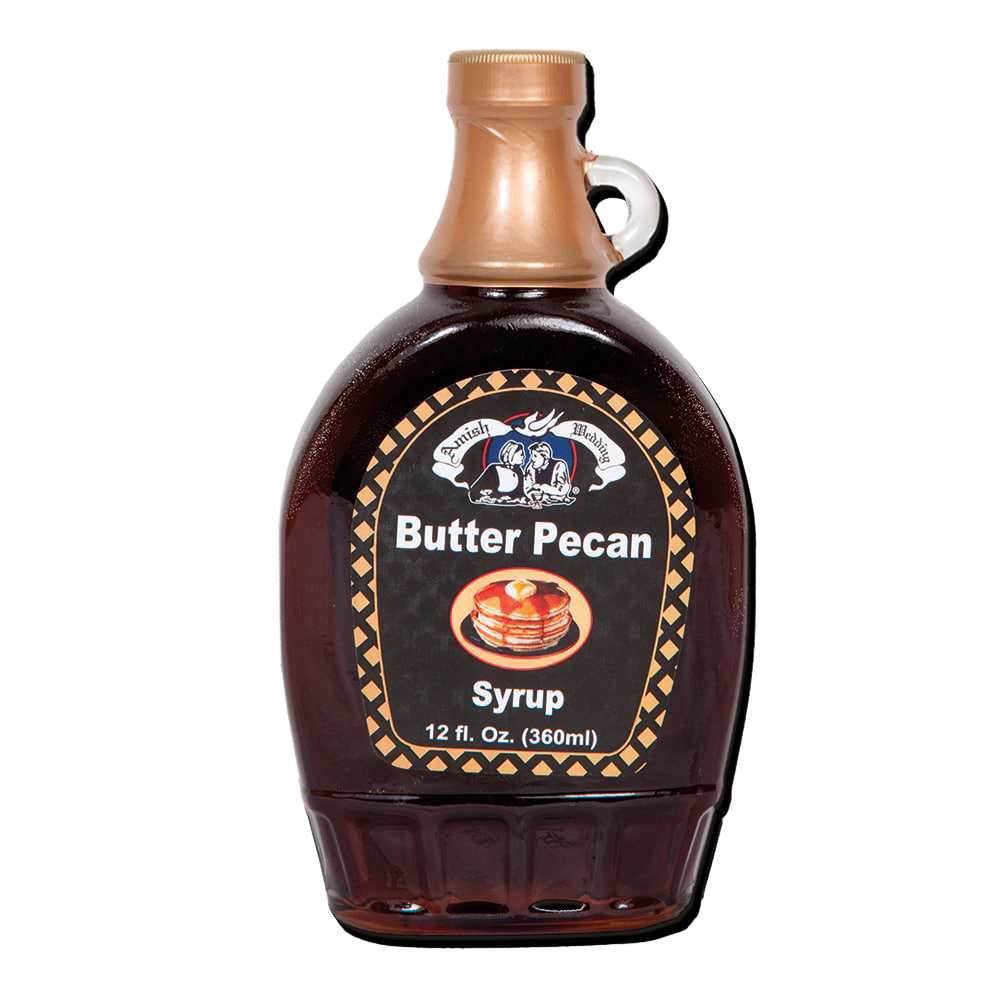 Handcrafted Amish-made butter pecan syrup in a 12 fl. oz. glass bottle with a vintage-inspired label, ideal for Kitchen & Food, Pantry, USA Made, and Best Sellers collections.