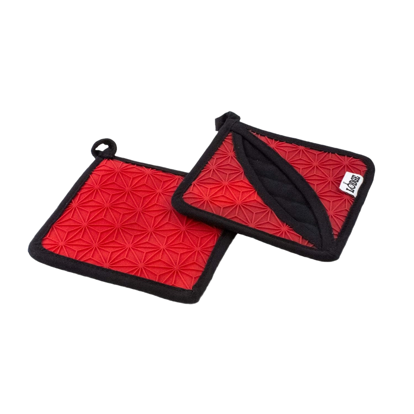 Pair of red silicone pot holders with black trim, featuring textured geometric patterns and insulated pockets, crafted for Kitchen & Food, Cookware, Cast Iron, and Best Sellers collections.
