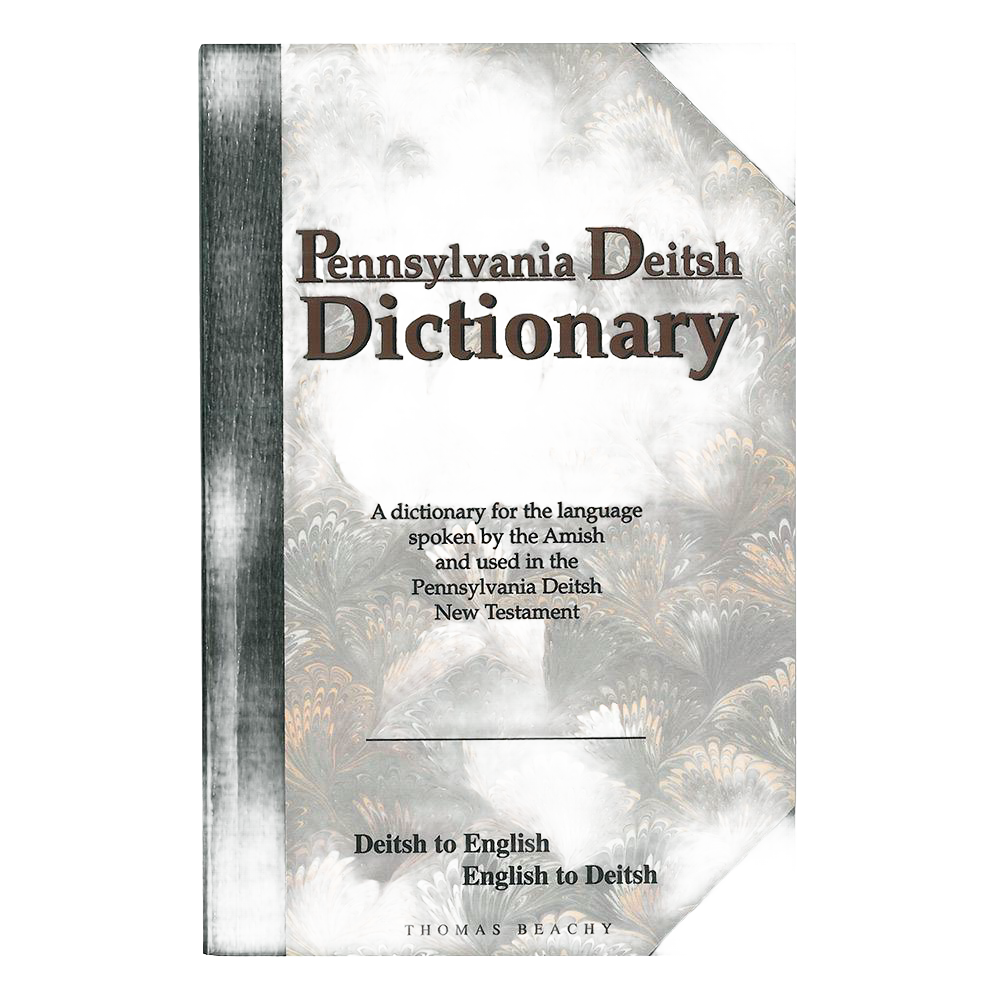 Paperback Pennsylvania Deitsh Dictionary featuring Deitsh to English and English to Deitsh translations, with a marbled cover and black spine, part of Heritage and Lifestyle Books collections.