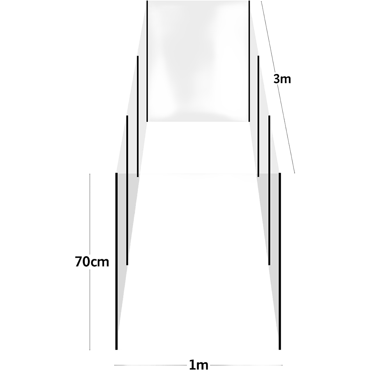 Diagram showing dimensions of a micromesh pest and wind barrier with 0.6mm mesh and integral bamboo supports, measuring 1 meter wide, 0.7 meters tall, and 3 meters deep for garden protection.