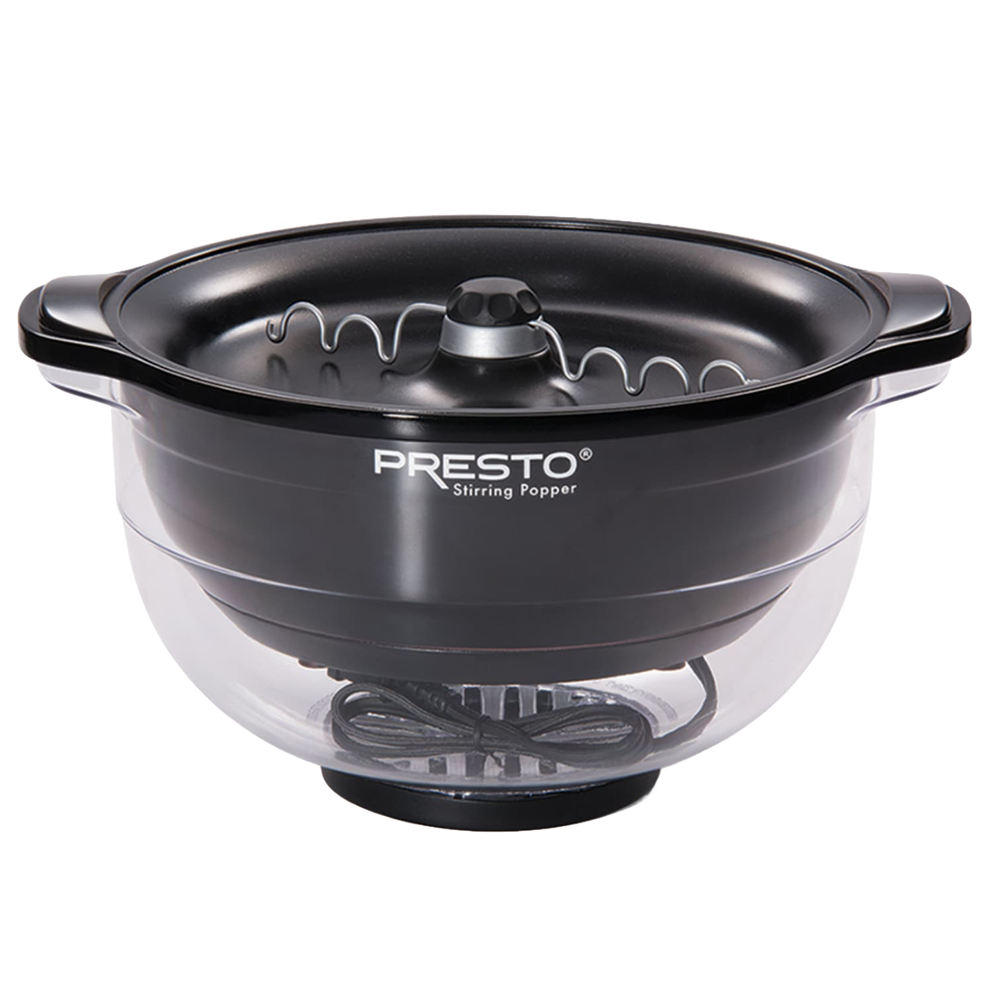 Black electric stirring popper with clear base and motorized scalloped stirring arm designed for even popcorn popping, ideal for Kitchen & Food, Popcorn, and Best Sellers collections.