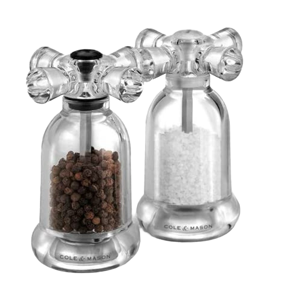 Pair of clear acrylic salt and pepper mills designed like vintage faucet handles, filled with coarse sea salt and fine black peppercorns, ideal for Kitchen & Food, Dinnerware, Storage and Serving, Best Sellers, Promo Eligible collections.