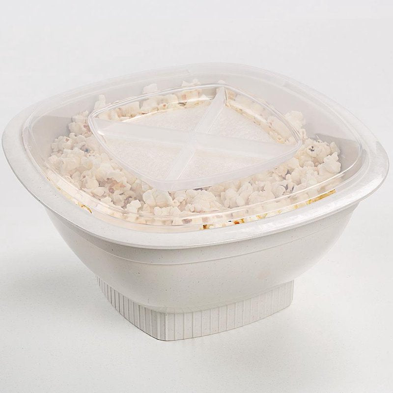 White BPA- and melamine-free microwave popcorn popper with a clear vented lid filled with popcorn, ideal for Kitchen & Food, Cooking and Baking Helpers, and USA Made collections.