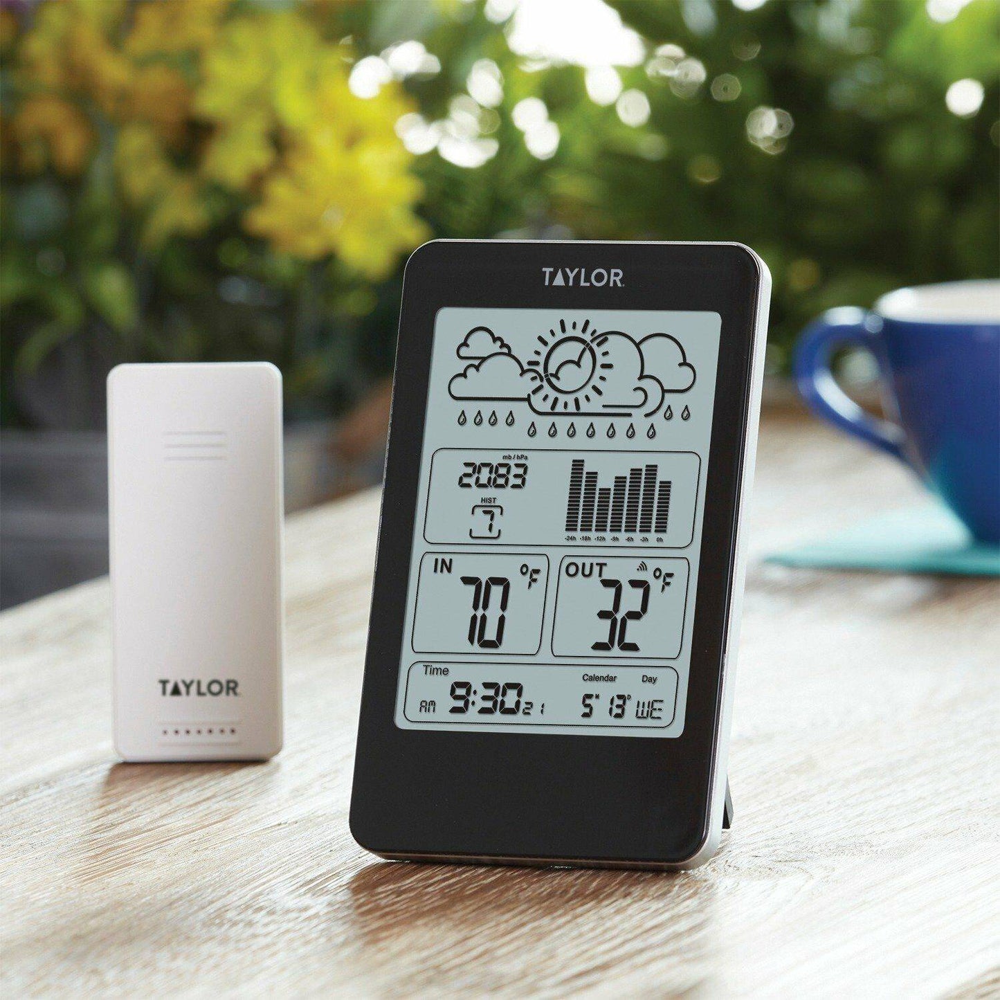 Indoor/outdoor digital thermometer and barometer with a wireless sensor, displaying weather forecast, indoor/outdoor temperatures, time, and date, perfect for Home & Decor and Household Helpers collections.