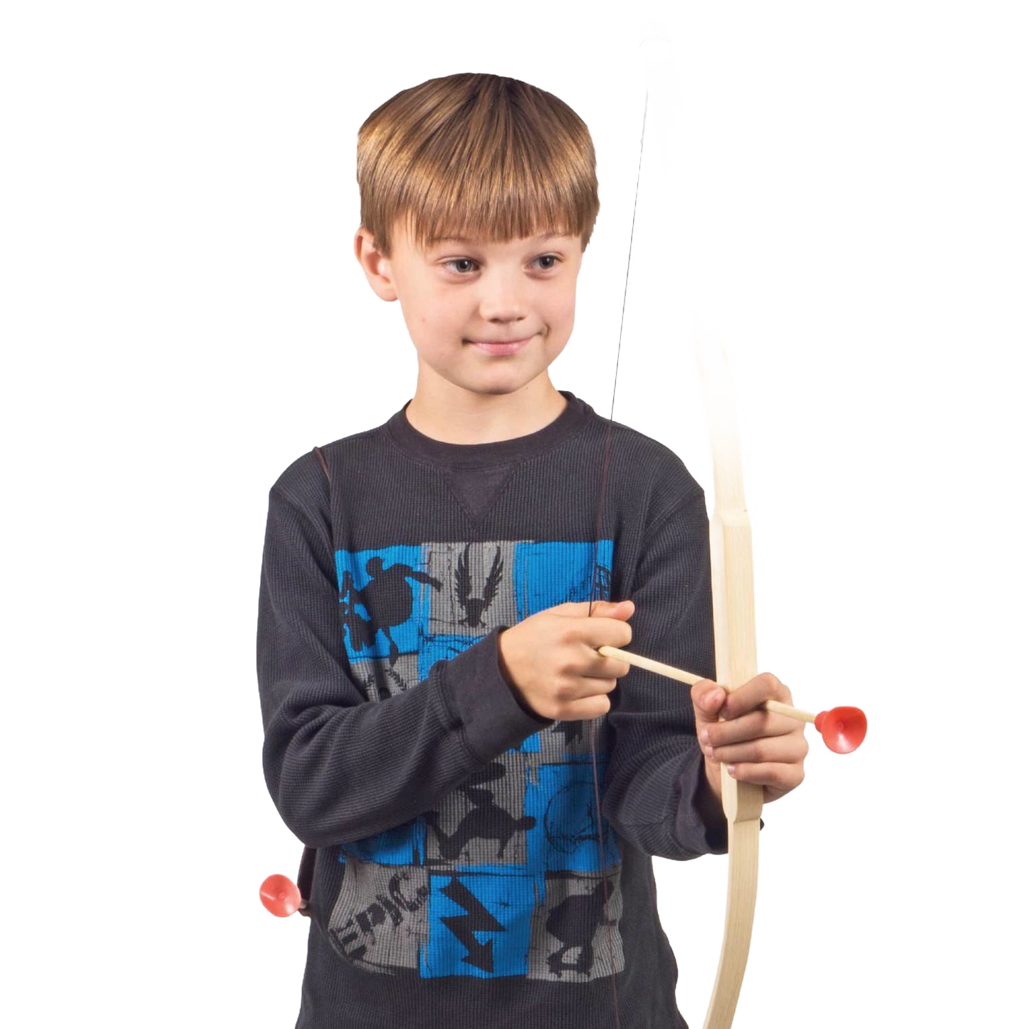 Child aiming a handcrafted wooden bow with suction cup arrow, part of a unique toy archery set designed for children’s indoor and outdoor play in Toys, Books & Games collections.