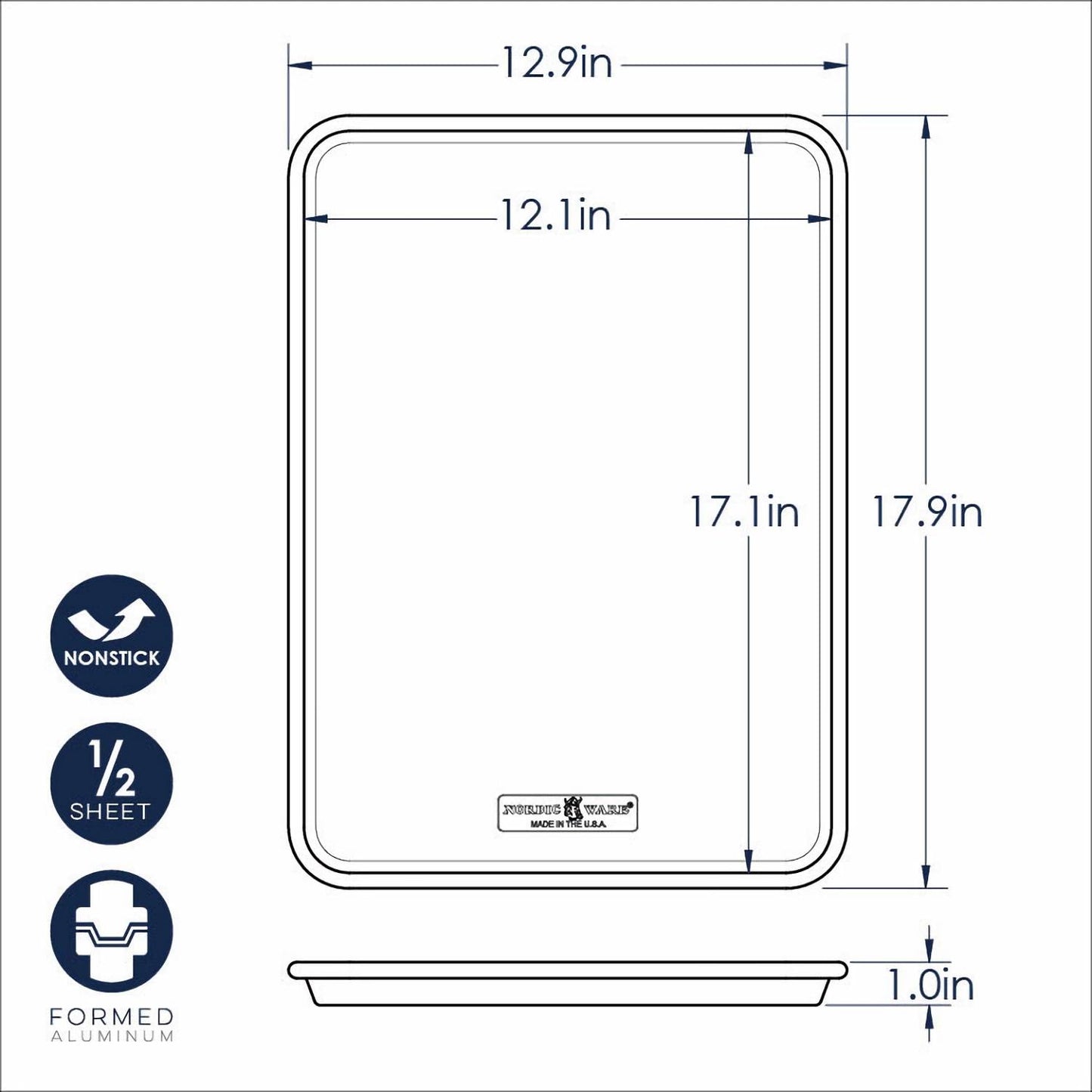 Diagram showing dimensions of a nonstick half-sheet baking pan made from formed aluminum with rounded edges, including width, length, and height measurements, suitable for kitchen and cookware collections.