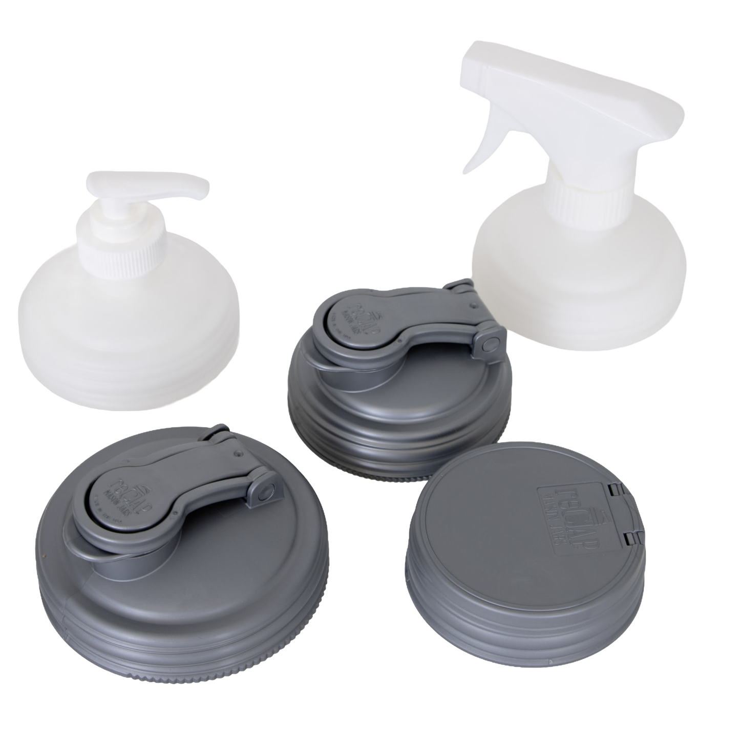 Set of five reusable reCAP lids in white and gray plastic, including pump and spray styles, designed for Mason jars to support eco-friendly living in Home & Decor and Household Helpers collections.