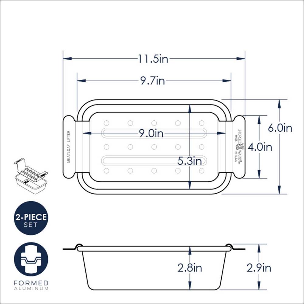 Diagram showing detailed measurements of a handcrafted aluminum loaf pan with perforated trivet for fat draining, featuring sturdy handles, made in USA, suitable for Kitchen & Food, Cookware, Baking Supplies, Pots and Pans, USA Made, Best Sellers, and Promo Eligible collections.