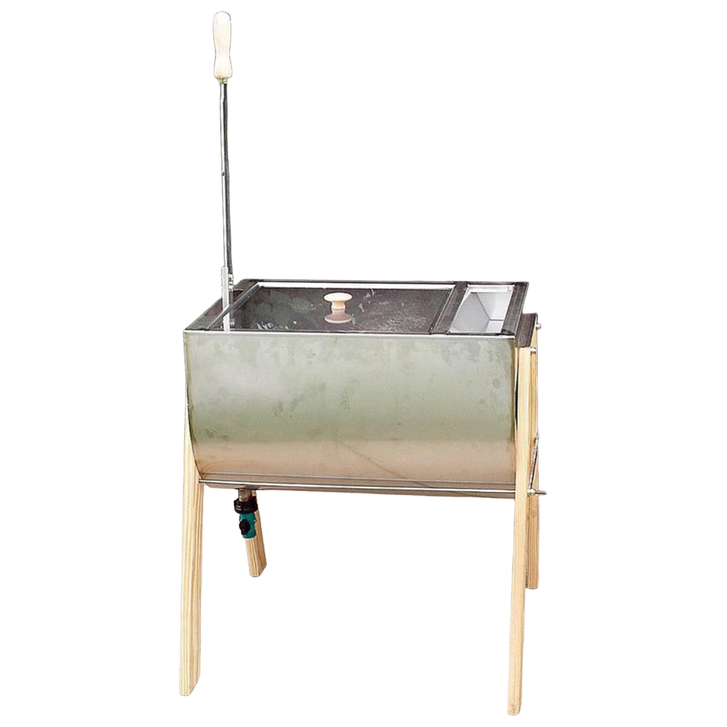 Handcrafted Amish-style washing machine with stainless steel basin, clear lid with wooden knob, wooden legs, and metal crank handle, designed for Home & Decor, Laundry Supplies, and USA Made collections.