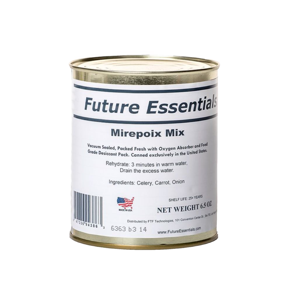 Metal can of dehydrated mirepoix mix containing celery, carrot, and onion, made in USA with over 25-year shelf life, suitable for Farm, Garden & Tool, Kitchen & Food, Emergency Supplies, and Pantry collections.
