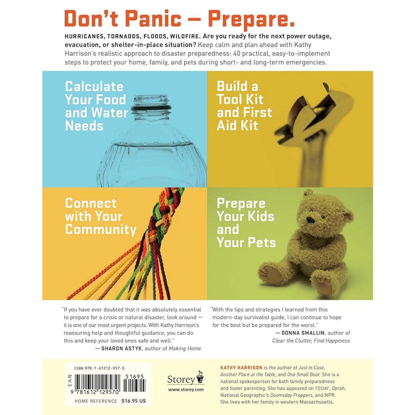 Back cover of a preparedness guidebook outlining practical steps like calculating food and water needs, building a tool and first aid kit, and caring for kids and pets, part of USA Made and Emergency Supplies collections.