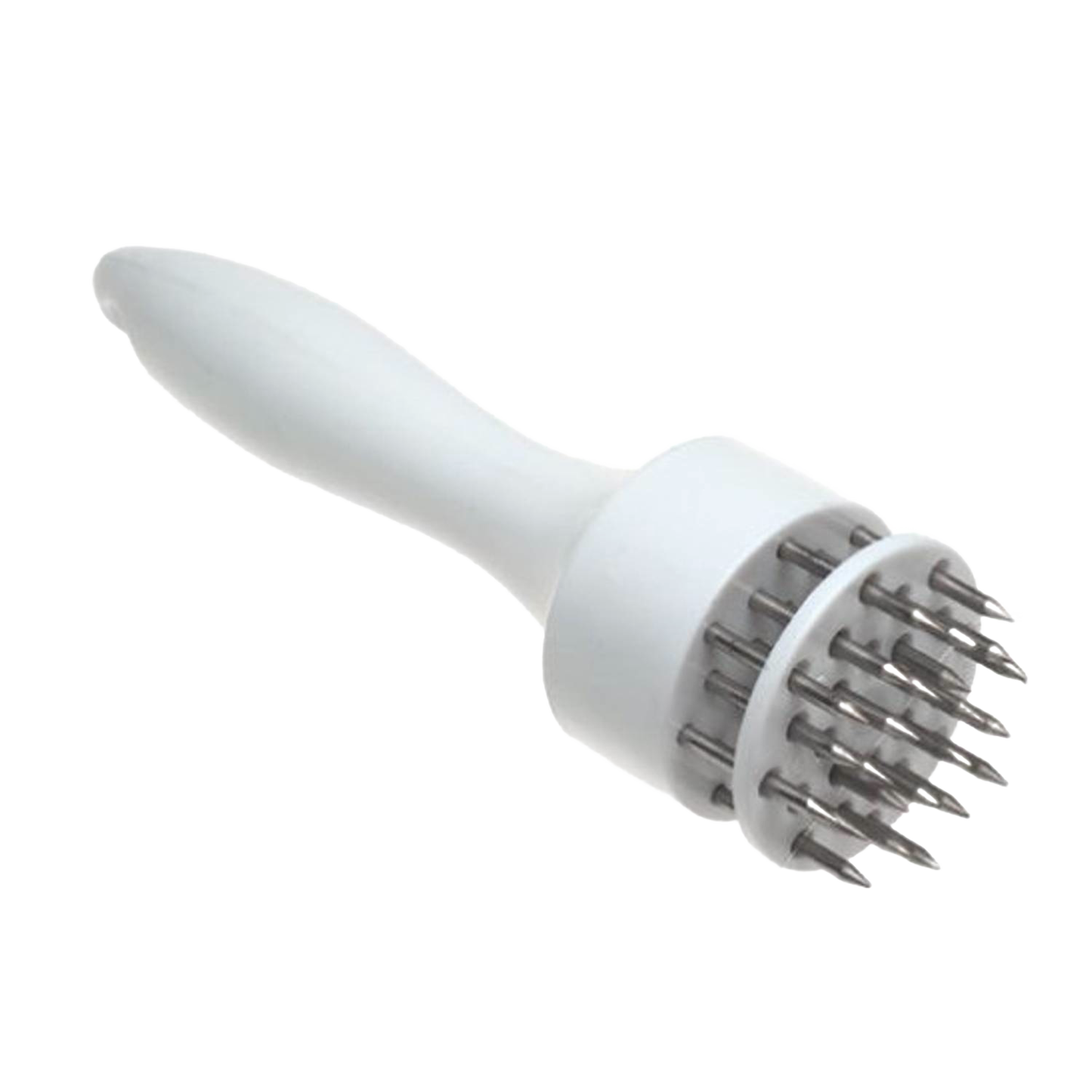White plastic-handled meat tenderizer featuring 24 stainless-steel prongs designed for quickly breaking down meat fibers, ideal for kitchen gadgets and specialty cooking tools.
