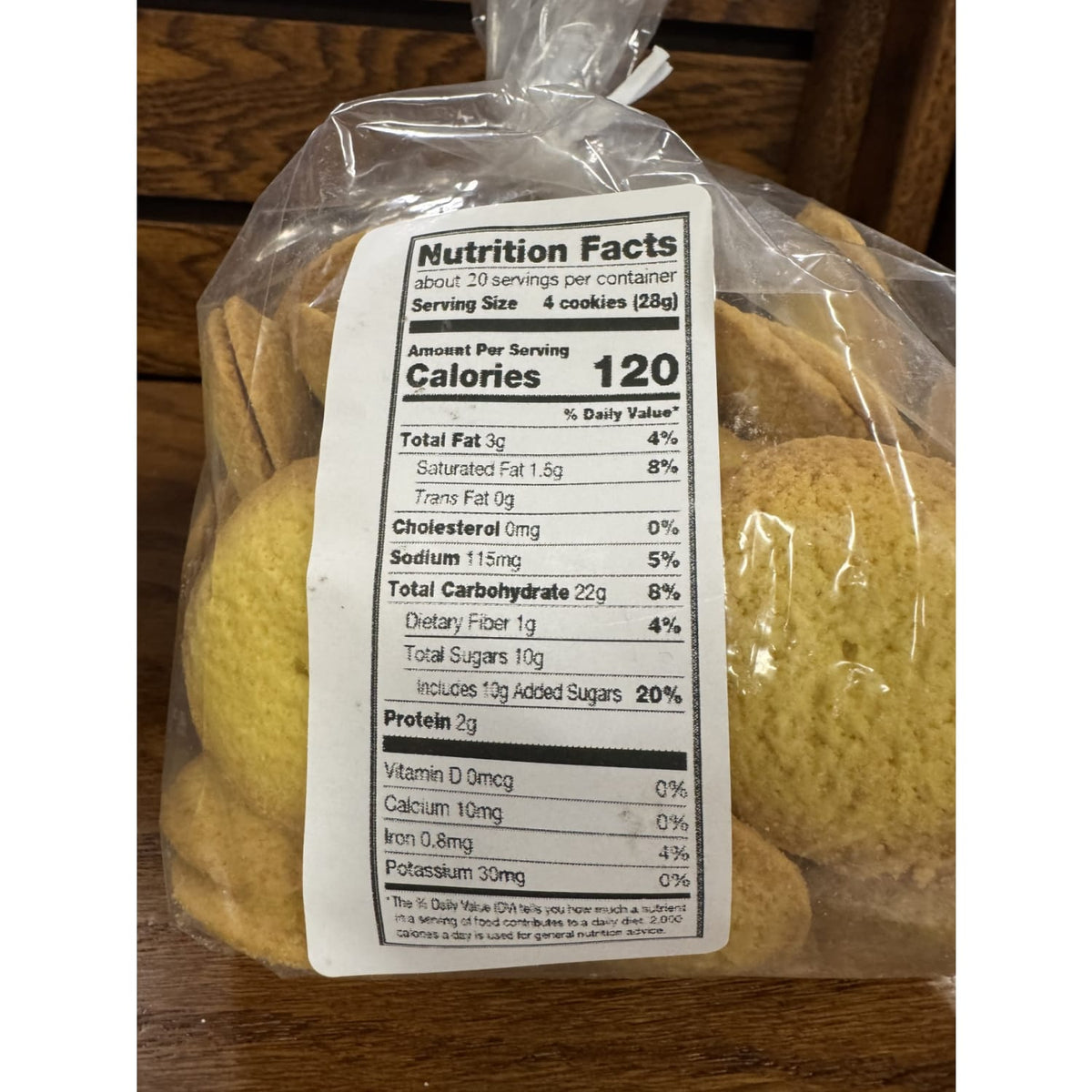 Clear plastic bag containing handcrafted crispy lemon snap cookies with a nutrition facts label visible, suitable for Kitchen & Food, Snacks and Sweets, Best Sellers, and Promo Eligible collections.