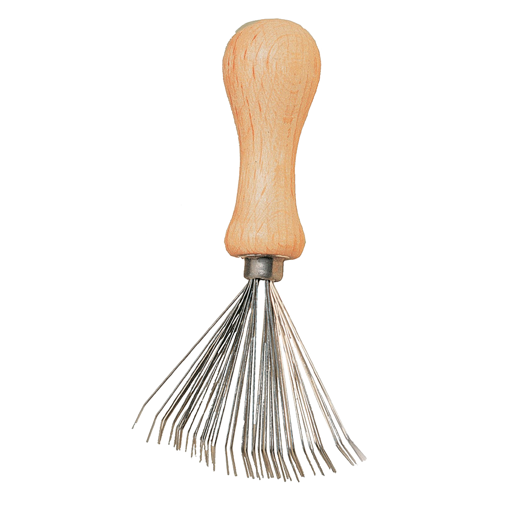 Oiled beechwood handled comb and brush cleaner with flexible wire tines, handcrafted in Germany, featured in Health & Wellness, Grooming and Personal Hygiene, Best Sellers, and Promo Eligible collections.