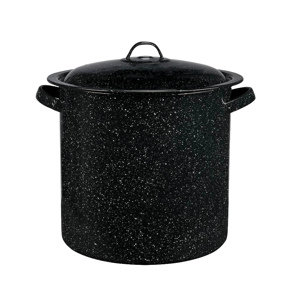 Durable large black speckled enamelware stockpot with lid and handles, designed for Kitchen & Food, Cookware, Pots and Pans, Best Sellers, and Promo Eligible collections.
