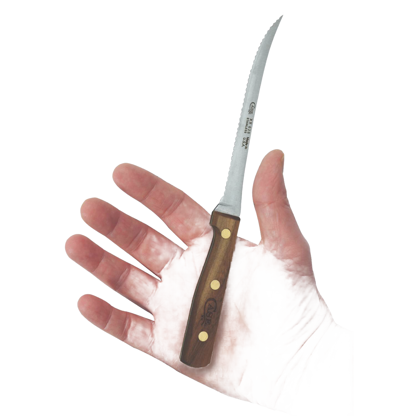 Hand holding a small serrated kitchen knife with a wooden handle, designed for slicing tomatoes and vegetables, crafted in the USA from high-quality materials.