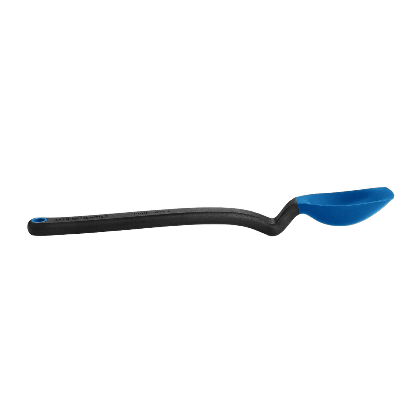 Flexible cooking spoon with a curved black handle and deep blue silicone scoop, designed for measuring, scraping, and scooping in Kitchen & Food, Food Prep, and Measuring collections.