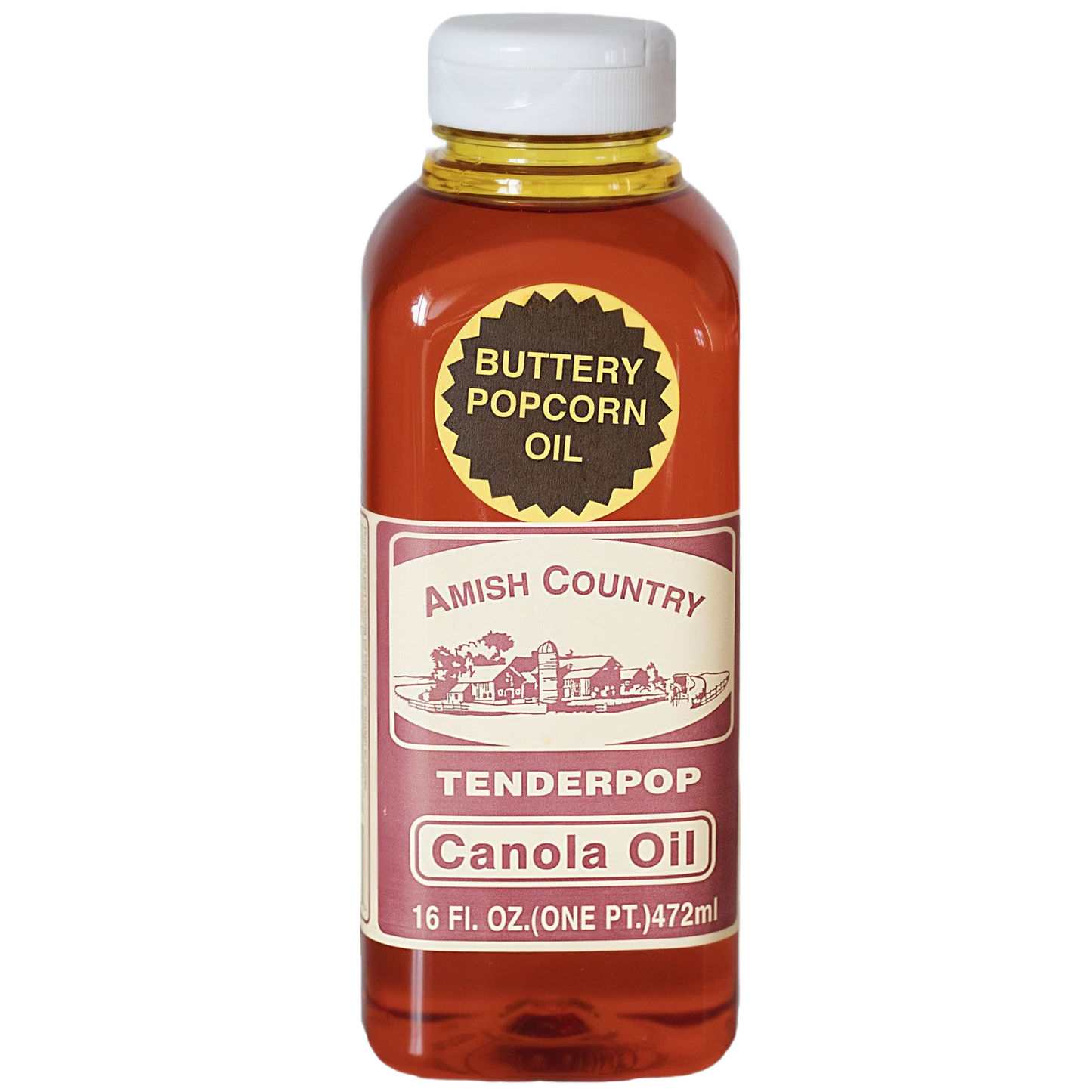 Plastic bottle of butter-flavored canola oil made in USA featuring Amish Country branding, ideal for Kitchen & Food, Snacks and Sweets, and Best Sellers collections.