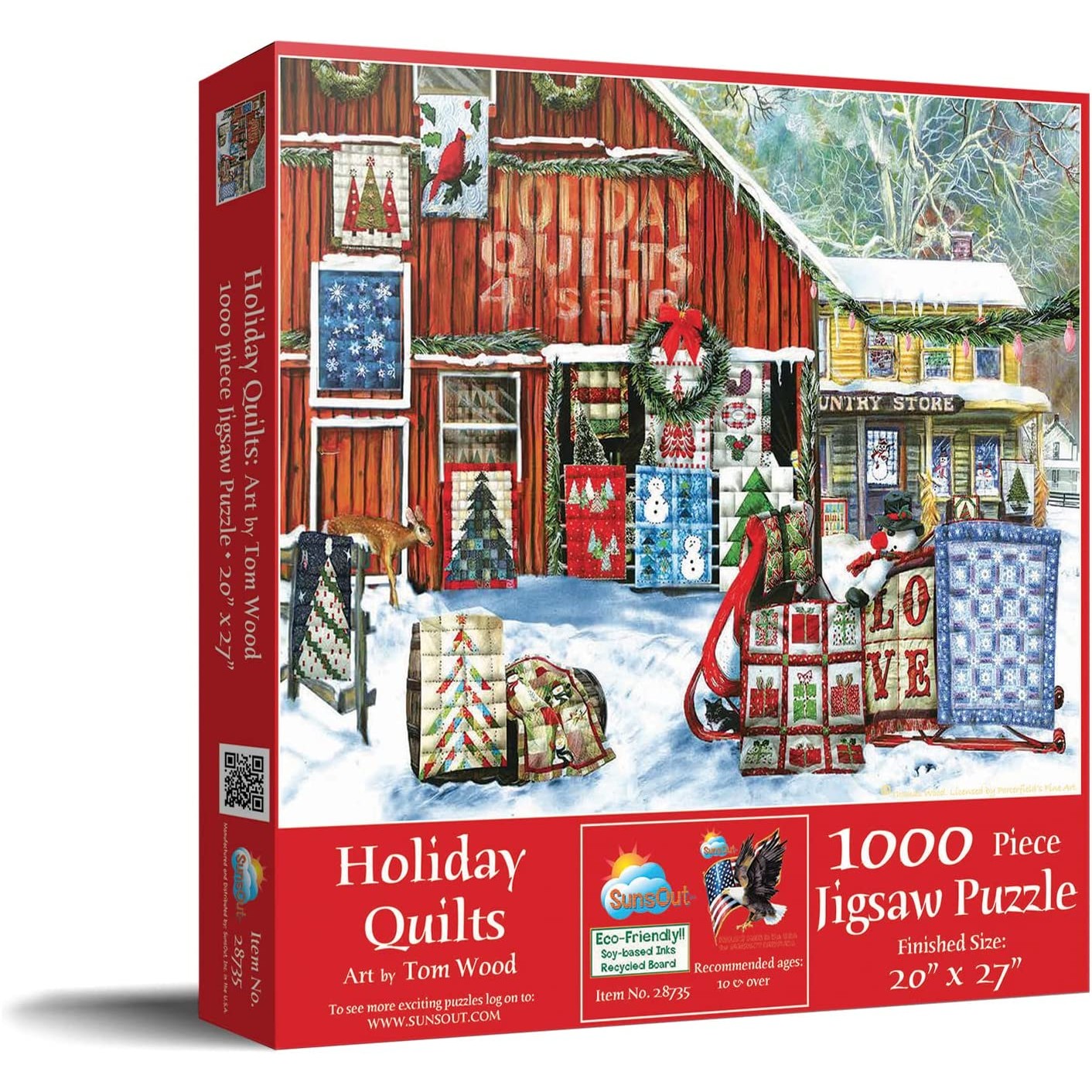 Jigsaw puzzle featuring a cozy winter scene with handcrafted holiday quilt patterns displayed outside a red barn and country store, part of Toys, Books & Games, USA Made, and Best Sellers collections.