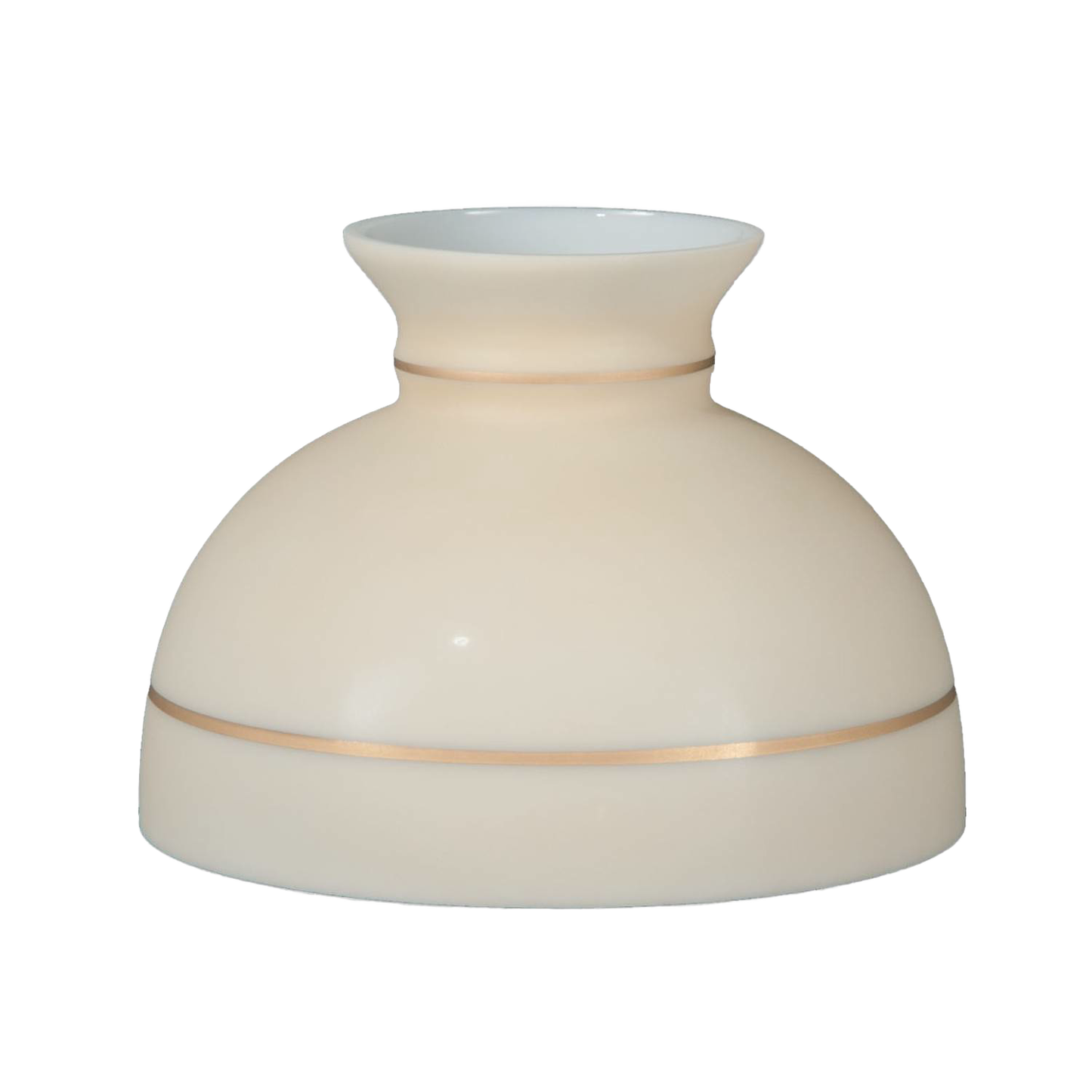 Light tan oil lamp shade with hand-painted gold bands and plain top, designed for a 10-inch base, featured in lamps and lighting, parts and accessories, and lamp shade collections.
