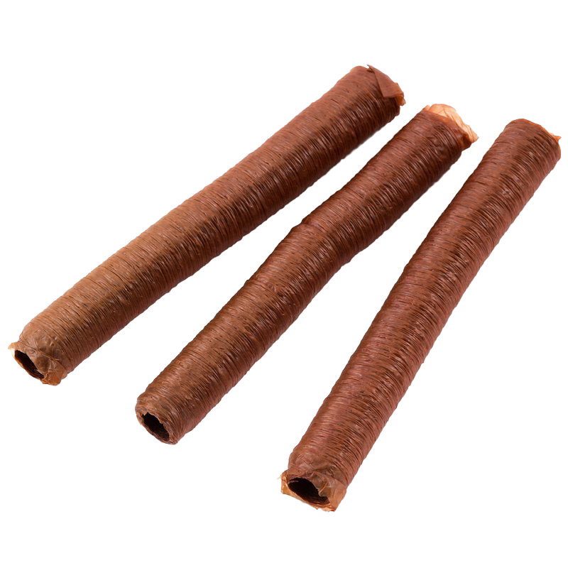 Three tightly coiled brown collagen sausage casings ideal for making snack sticks, featured in Kitchen & Food, Specialty Equipment, Butchering Supplies, and Best Sellers collections.