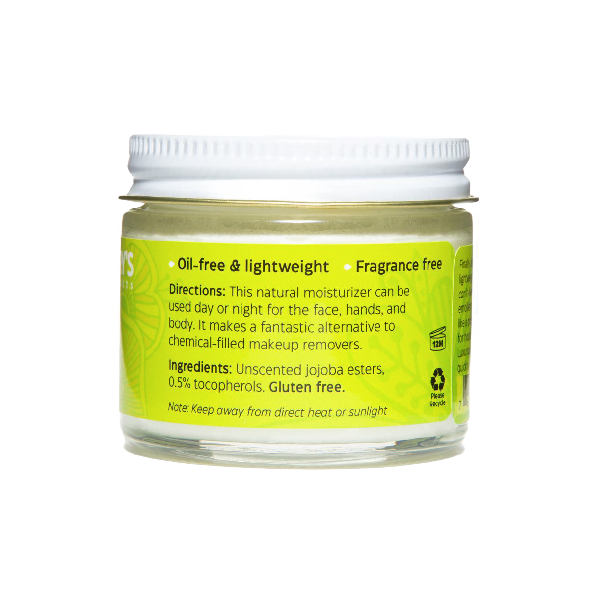 Glass jar of oil-free and fragrance-free jojoba cream moisturizer with green label highlighting natural ingredients, lightweight formula, and skin application directions, part of Health & Wellness and USA Made collections.