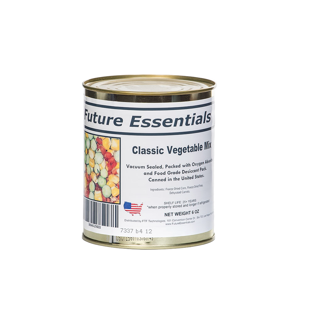 Can of classic vegetable mix featuring freeze-dried corn, peas, and carrots, vacuum sealed for long-term storage, made in USA, part of Kitchen & Food, Freeze Dried, and Best Sellers collections.